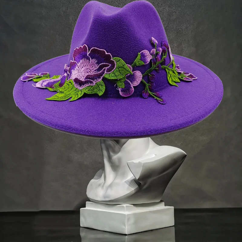 

Purple Embroidered Flower Fedora Hat 3D Wedding Hat Men's and Women's Jazz Hat 2023 New Fedora Hat New Product Release Sombrero