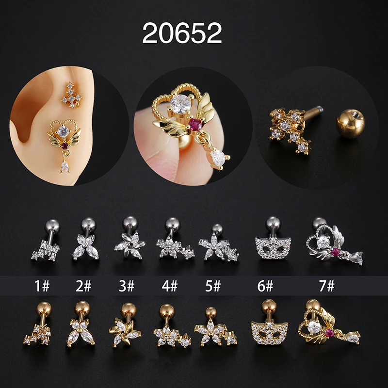 

1PCS Flower Mask Cross Cz Cartilage Stud Helix Rook Conch Screw Back Earring16G Stainless Steel Ear Piercing Jewelry