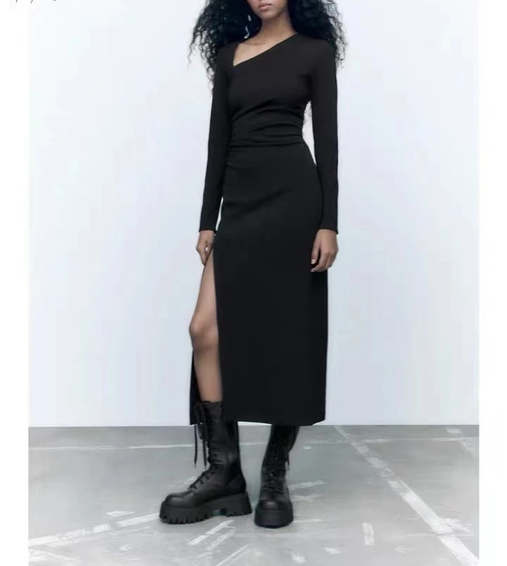 

LN Diagonal Collar Split Dresses Women Fashion Solid Ong Sleeve Long Dress 2023 Autumn Elegant Ladies Party Evening Dress
