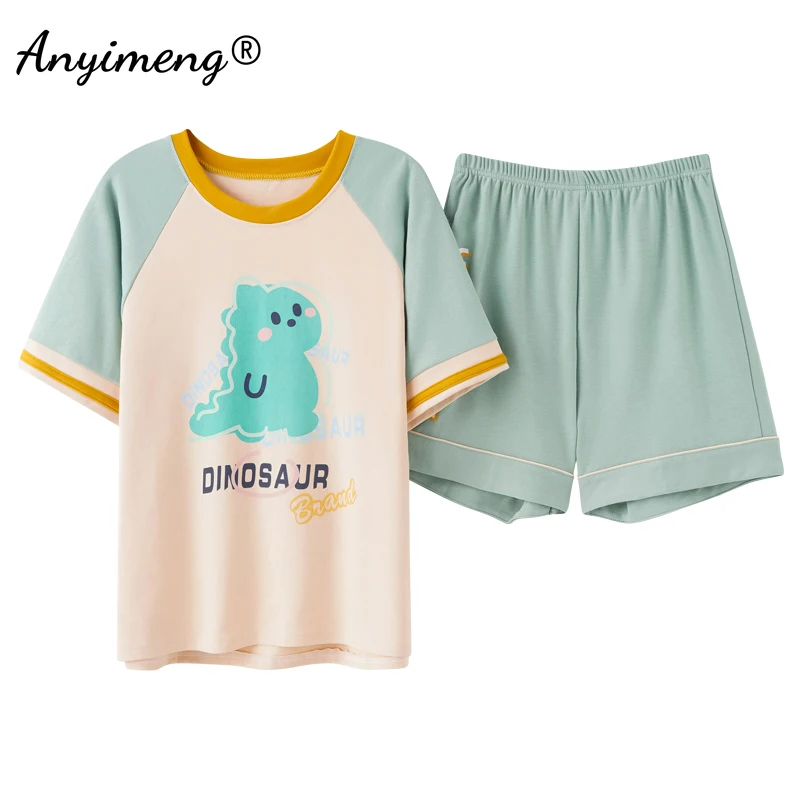 

Kawaii Style Round Collar Summer Women Pajamas New Knitted Cotton Dinosaur Printing Girl Pajamas Woman Set Short Pajama Set