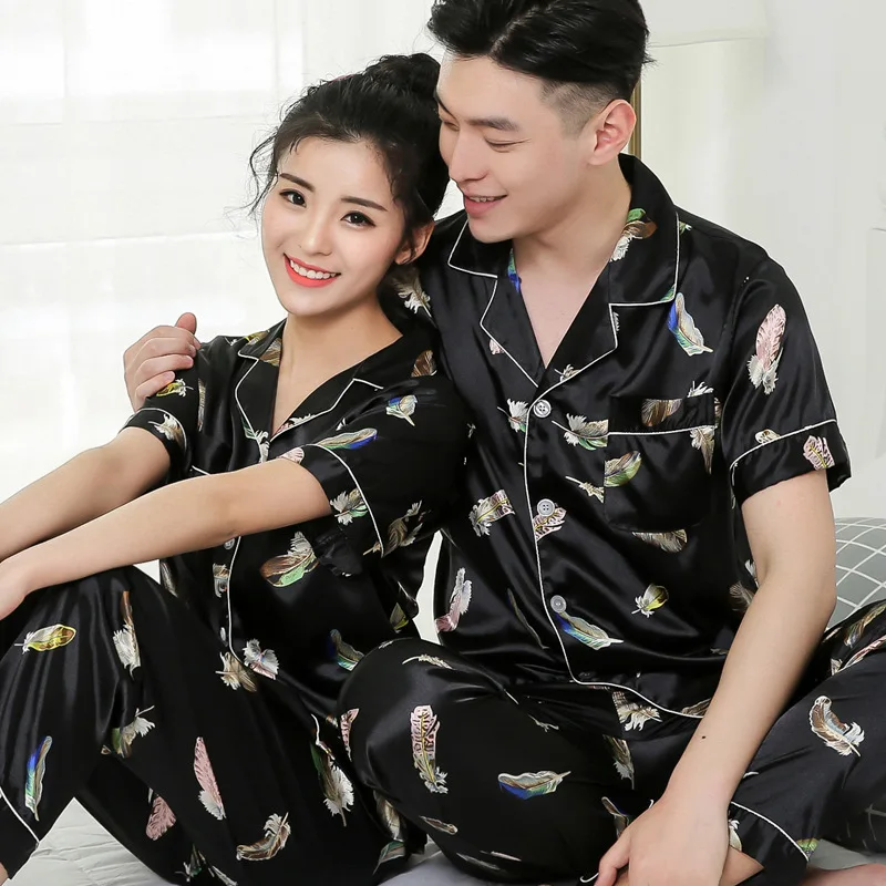 Women Pajama Set Silk Couple Pajamas Lapel Pyjamas Ice Silk Pijama Lover Set pjs Sleepwear Short Sleeve Shirt Pants Homewear