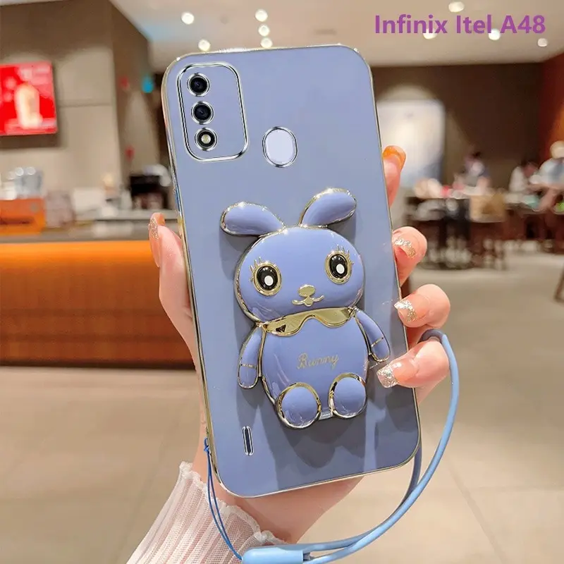 

Phone Case for Infinix Itel A48 A49 A36 Infinix Itel A37 Itel Vision 1 1 Pro Plating Square Rabbit Holder With Landyard Cover