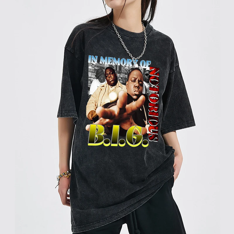 

Biggie Notorious Retro Oversized T-Shirts Hip Hop Unisex Washed Tee Shortsleeve Men High Street Cotton Tops Punk Round Neck Tees