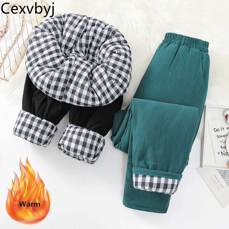 

Зимние плотные теплые шаровары с высокой талией и хлопковой подкладкой Мешковатые повседневные брюки черные элегантные клетчатые женские брюки