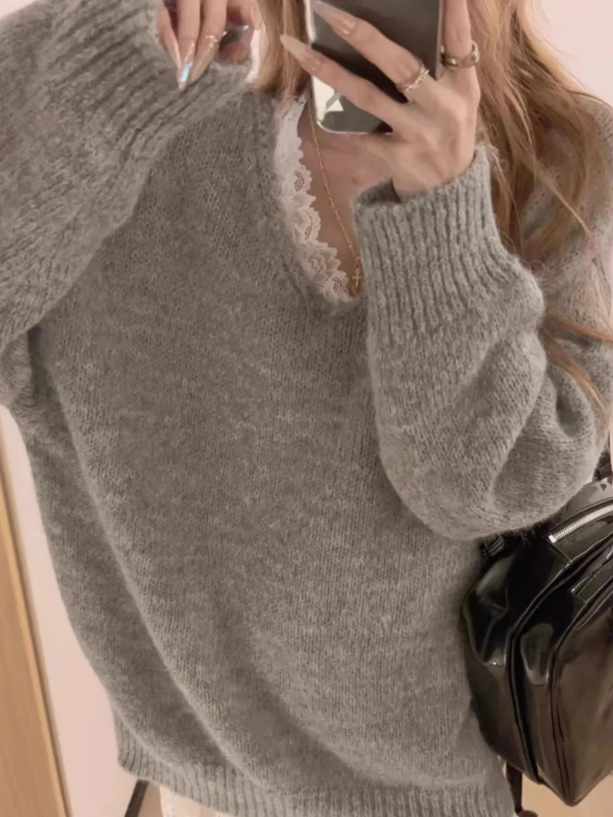 Кружевной свитер с круглым вырезом верхняя одежда женская осенний серый