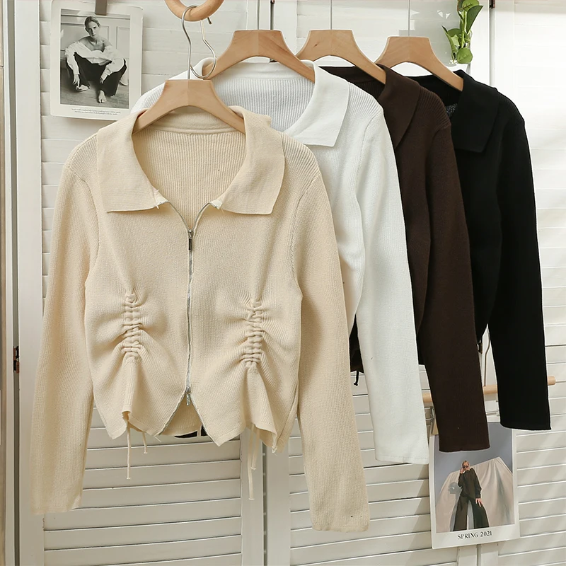 

Vintage Elegant Knitted Femme Cardigans Autumn Long Sleeve Turn-down Collar Pleated Drawstring Sweater Zipper Cardigan For Women
