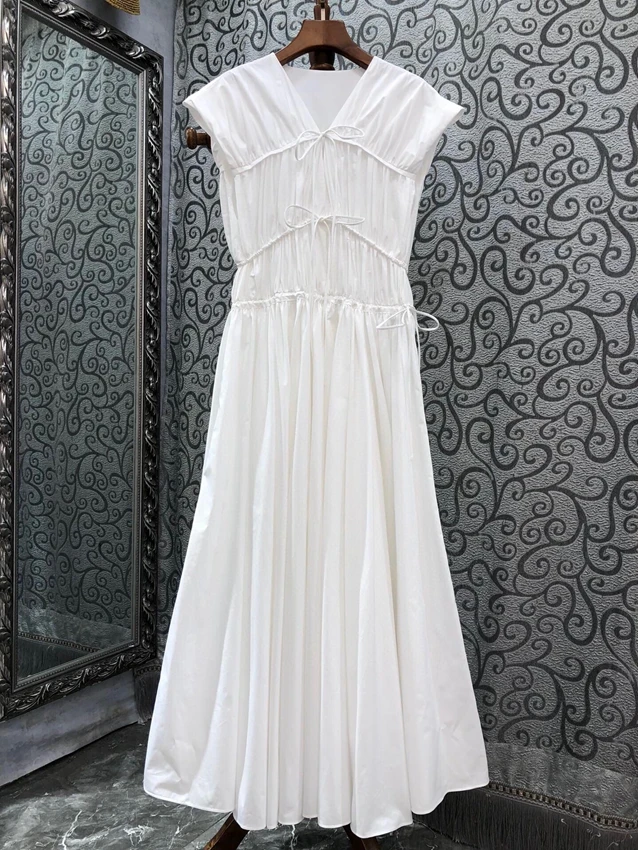 2023 new women fashion sleeveless V-neck tie pleated pleated A-shaped pendulum dress dress 0529