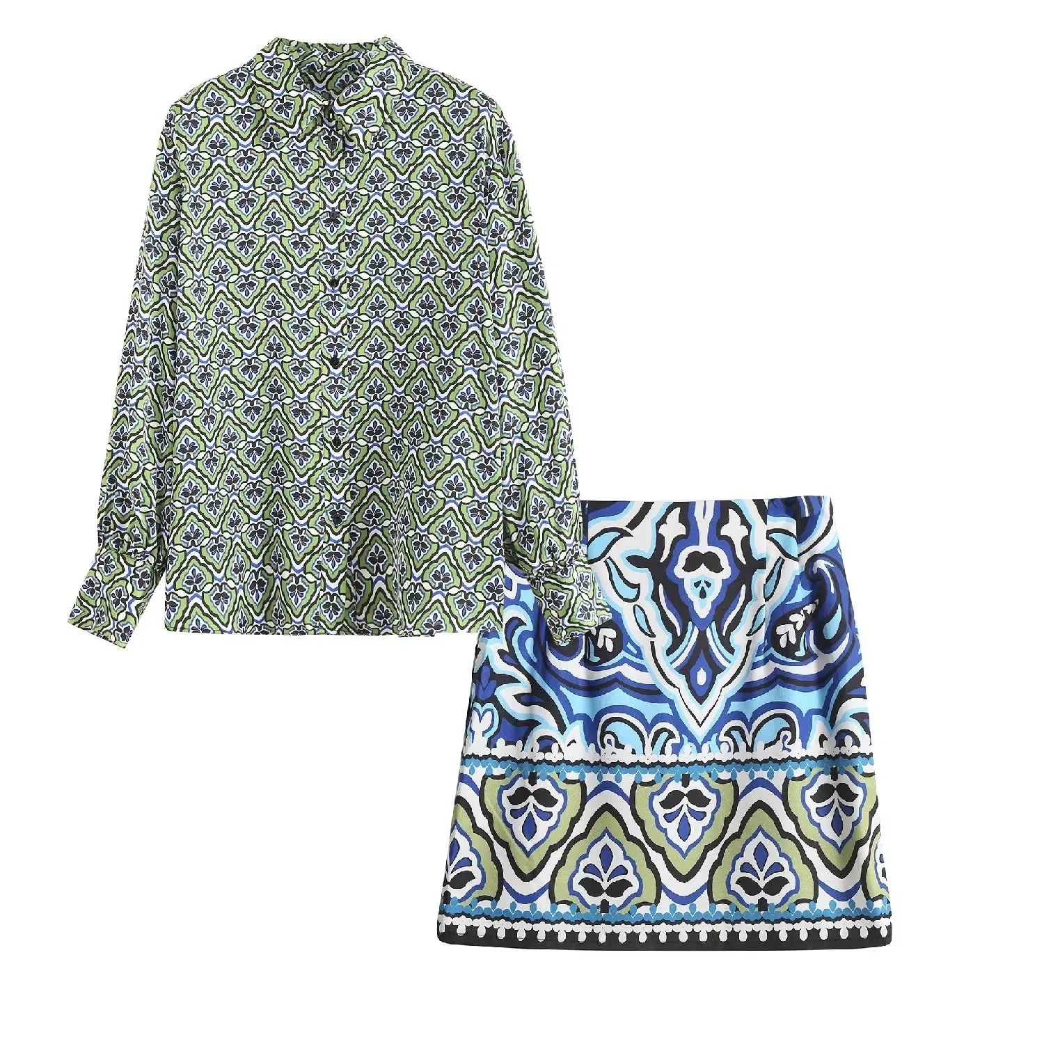 Women 2023 springNew Fashion geometrical pattern Print Blouses Vintage Long Sleeve Button-up Female Shirts Chic Tops