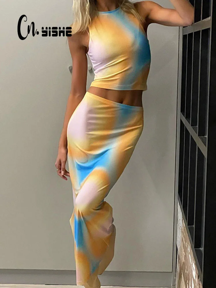 

CNYISHE 2022 Summer Autumn Tracksuit Women's Sets Suits Fashion O-neck Sleeveless Print Two Piece Long Skirt Matching Set Casual