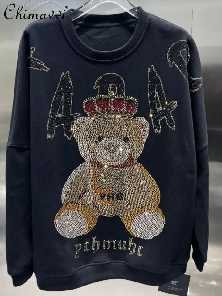 2022autumn and Winter New Women's Cartoon Rhinestone Letter Bear Pattern Sweater Loose Round Neck Long Sleeve Sweatshirt Female