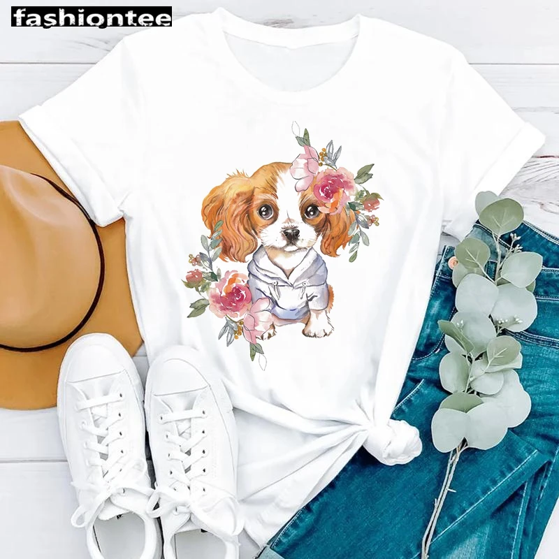 

Harajuku White T-Shirt LOVE MY DOG Cute Floral Pet Dog Dog Paw Cat Paw Graphic Print Short Sleeve Women Cute Pet Loose Ladie Top