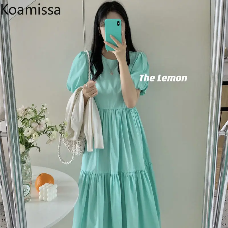 

Koamissa Sweet Candy Color Student Dresses Short Sleeve Solid Pleated Summer Dresses Loose Student Outwear Vestidos A Line Robe