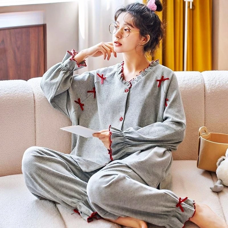 

Sweet Pajama Set Full Sleeve T-shirt Long Pants 2Piece/Set Sexy Bow Print Pyjama Big Size Homewear Cozy Cotton Sleepwear