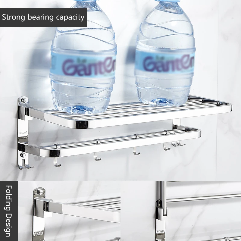 

Polished Shelf Shelf Organizer With Holder Rack Towel Steel Bathroom Storage Bathroom Folding Towel Bathroom Stainless Hook