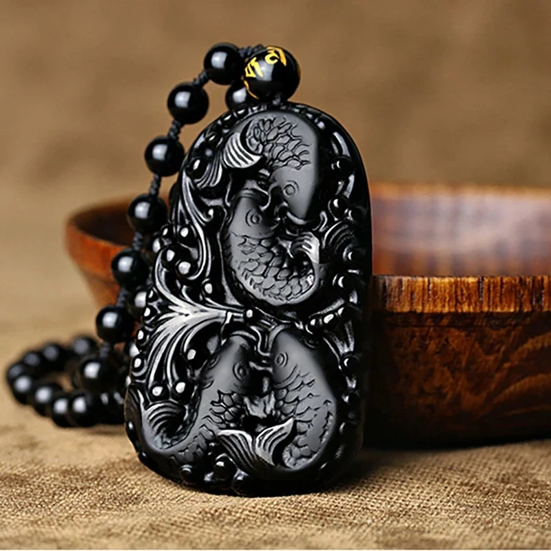 

Natural Black Obsidian 3D Carved Chain Happy Four Fish Lucky Amulet Necklace Pendants For Women Men Fashion Jewelry
