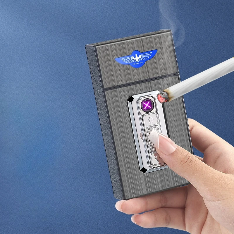 Фото Креативный портсигар, перезаряжаемая через USB зажигалка, металлическая ветрозащитная прикуриватель, 20, портативный контейнер для хранения портсигар №2