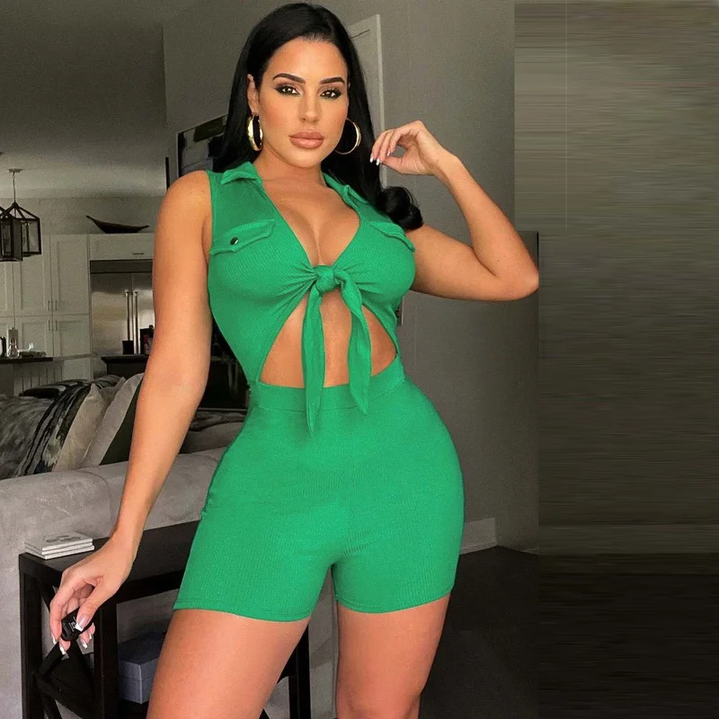 

WUHE Knitted Cut Out Bow V-neck Ribbed Sleeveless Women Romper 2022 Summer Street Active Chic Solid Shirt Playsuit Overalls