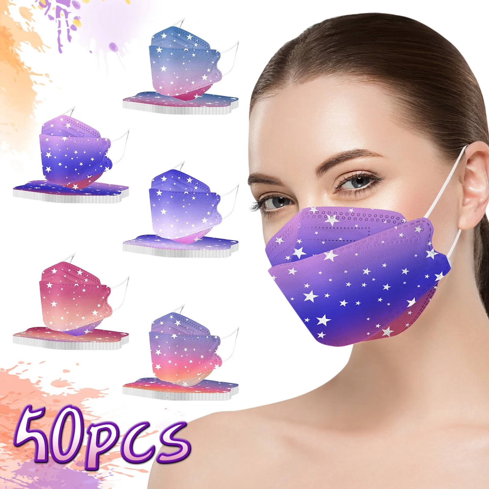 

50PCS Adults Tie-Dye Stars Gradient Prints Disposable Masks Dustproof Filter 3 Layer Earloop Bandage Masks For Unisex Facemask