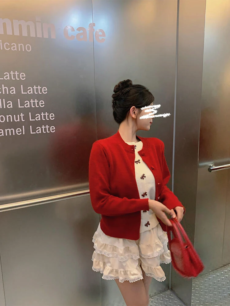 Red Christmas New Year Wear Bows Knitting Cardigan Women's Clothes Fall and Winter Arrival Fake Two-Piece round Neck Long...