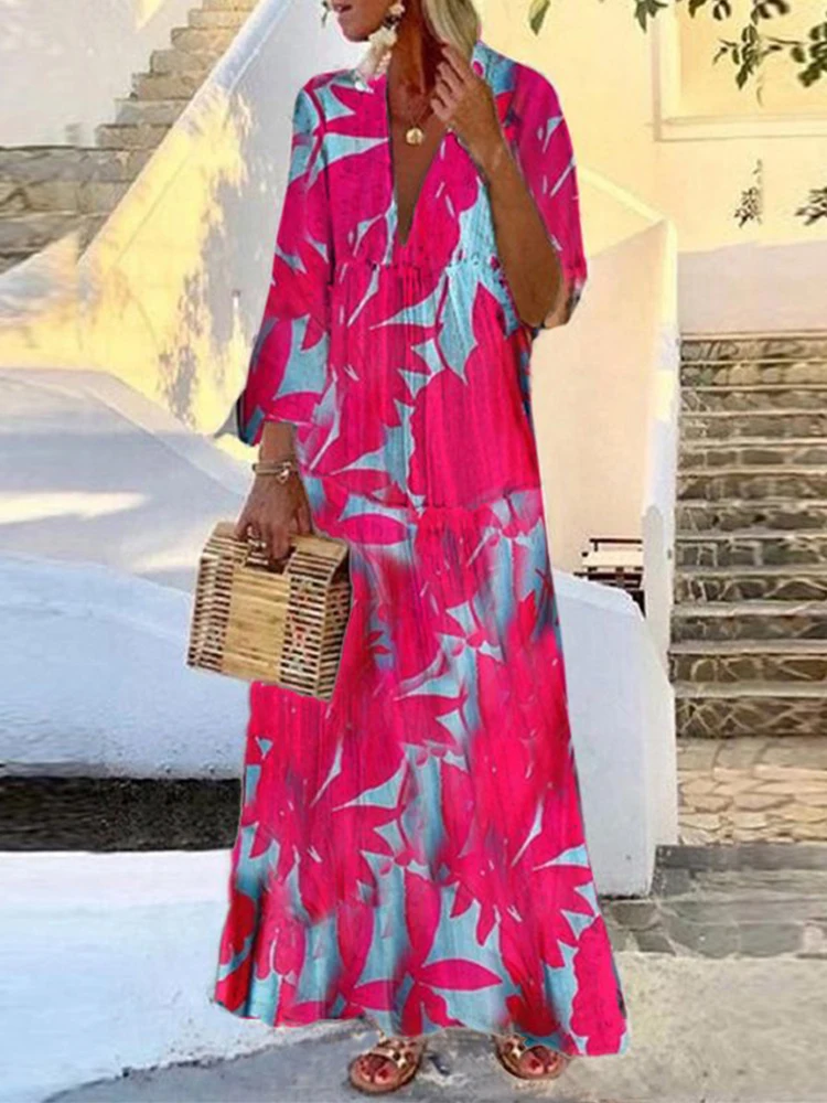 

Vintage Boho Beach V-Neck Print Pattern Maxi Dress Elegant Party Flare Sleeve High Waist Long Dress 2022 Fashion New Women Dress