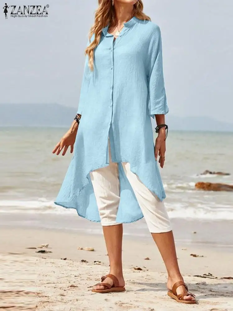 

ZANZEA Casual Loose Thin Long Tops Fashion Women Stand Collar Solid Shirts 3/4 Sleeve Blouses 2023 Asymmetrical Summer Tunics