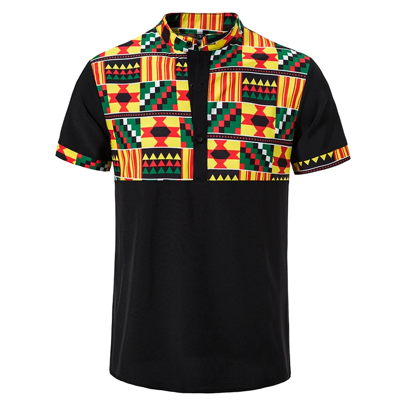 

2022 Men's African Print Patchwork Design Short Sleeve Button Up Shirts Traditional Stand Collar Daxi Shirts Fashion Casual Tops