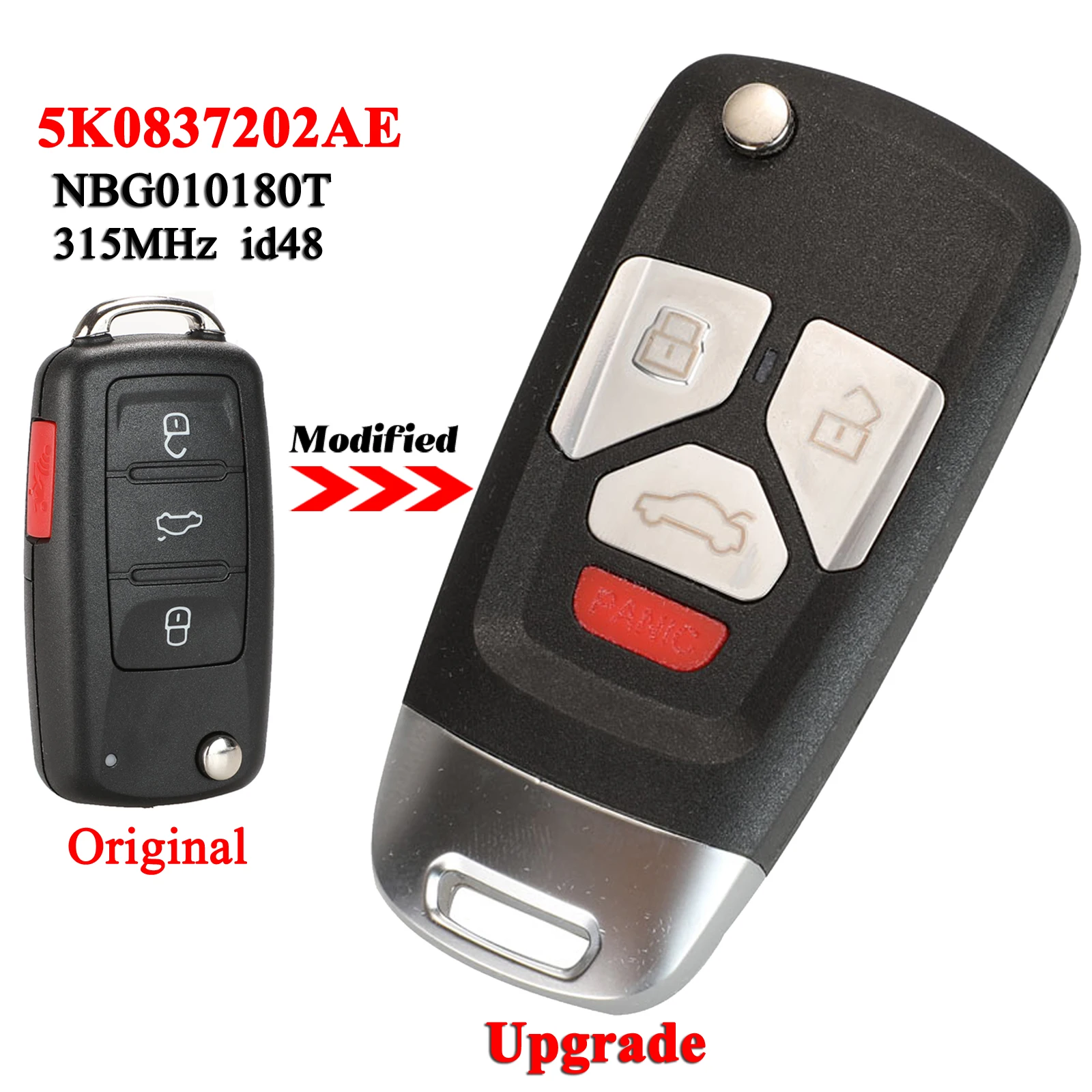 

jingyuqin 5K0837202AE Flip Car Remote Key 315Mhz ID48 for VW Bettle CC EOS Golf Jetta Passat Tiguan Touareg 2014-2016 4 Buttons