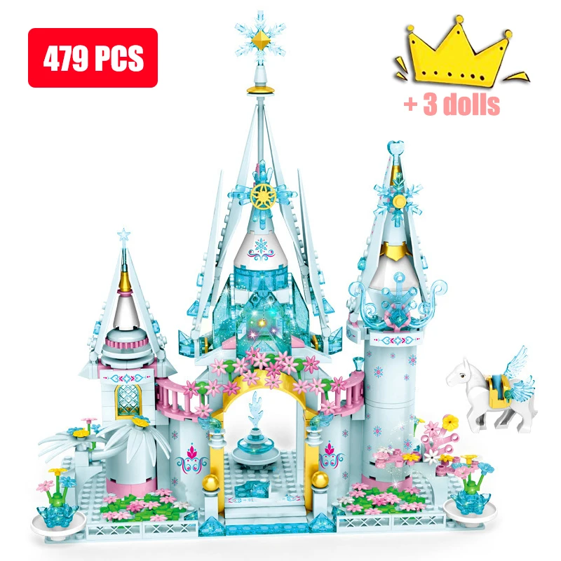 Friends Princess Luxury Ice Castles Garden House Movies Winter Snow Flying Horse Figures Building Blocks Toys for Girls DIY Gift