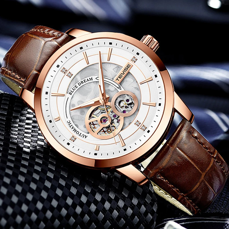 

Tevise Bussiness Men Automatic Mens Watches Tourbillon Skeleton Mechanical Watch Men Luminous Waterproof Rose Gold Montre Homme