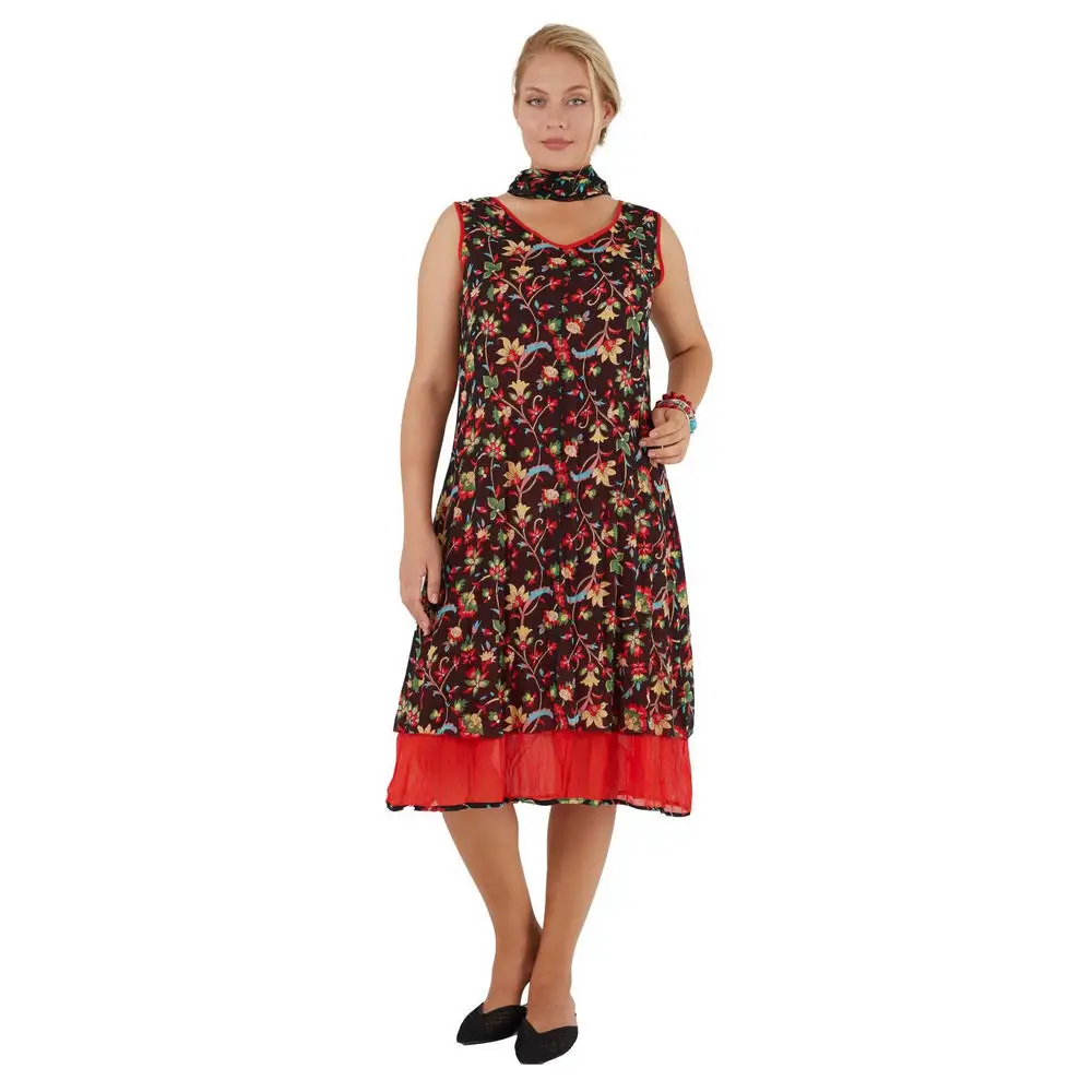 

Fierte Women Large Size Dress Lm24462 V-Neck Thick Strap Sleeveless Lining Cotton Flower Pattern Knee Six Yellow Black Casual Summer Spring