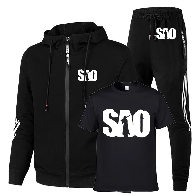 

Spring Autumn Men's suits SAO Sword Art Online Print High Quality Cotton stripe Men's sweatshirt+T-shirt+sports pants 3-piece se