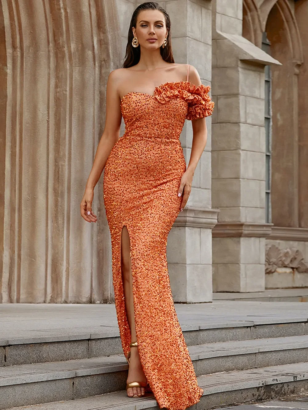 

Сексуальное женское облегающее платье без рукавов на одно плечо с блестками, элегантное оранжевое длинное платье с оборками и высоким разрезом, облегающее вечернее платье