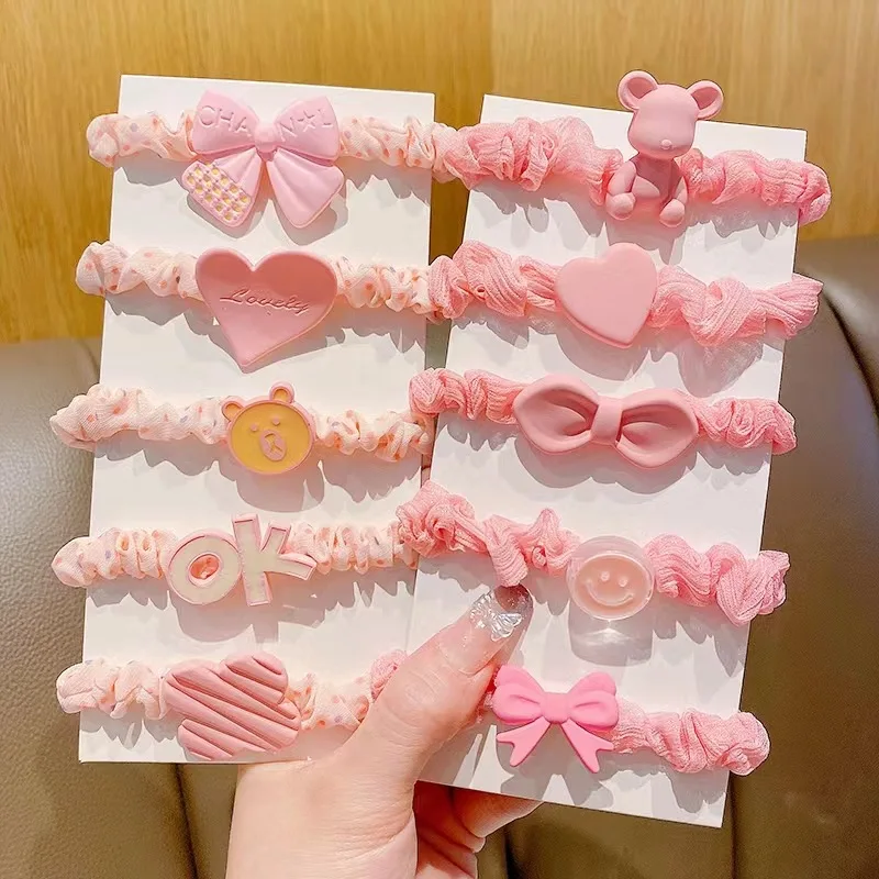 

5 Pcs/Set Children Cute Colors Acrlic Bow Flower Heart Scrunchies Rubber Bands Gilrs Sweet Hair Bands Kids Hair Accessories