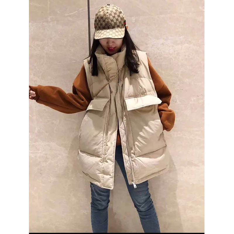

Vests Down Jacket for Women 2023 New Fashion Autumn Winter Loose Coats Chic Casual Sleeveless Pockets Mid Length Parkas
