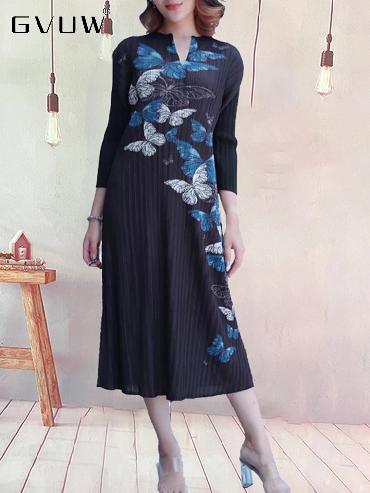 

GVUW Vintage Print Pleated Dress Elegant Women V-neck Long Sleeve Straight Butterfly Autumn Trend Lady Temperament Dress17D2532