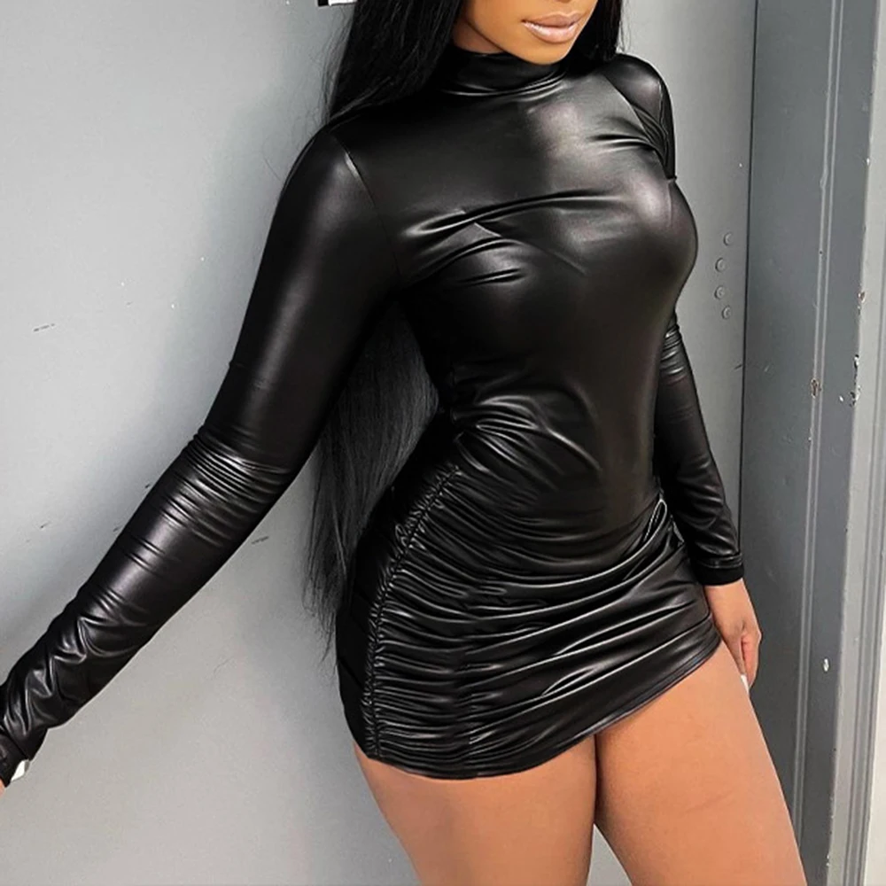 

Skinny Pencil Dress Women Sexy High Neck Long Sleeve Wrapped Solid Color Fashion Vestido Female Black Mini Dress Summer Spring