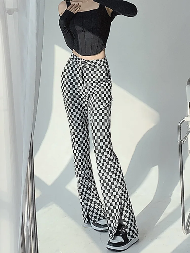 

WOMEGAGA 2022 New Fashion High Street Slim Straight Flared Pants Retro Black And White Chessboard Design Side Slit Women's JDJ4