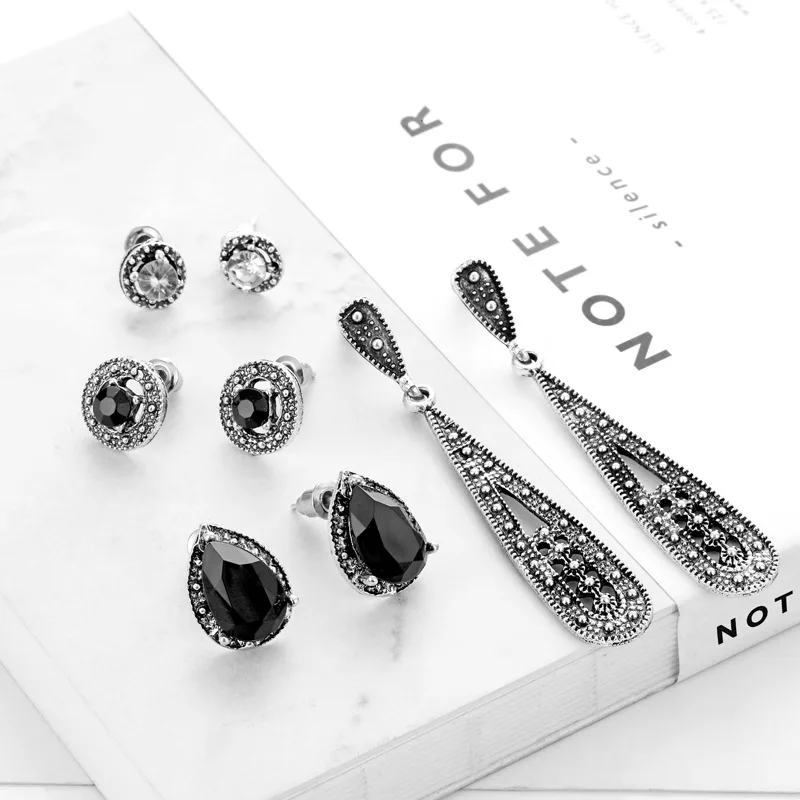 

4Pairs/Set Black Opal Crystal Earrings Set Bohemian Fashion Stud Earrings Set Vintage Retro Ethnic Women Earrings New