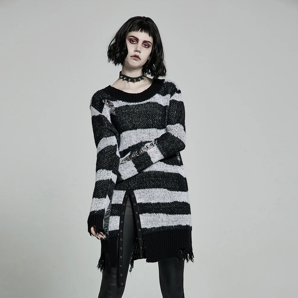 PUNKRAVE Women's Sweaters Gothic Personality Mid-length Pullover Sweater Worn-out Irregular Striped Long Sleeve Knit Top