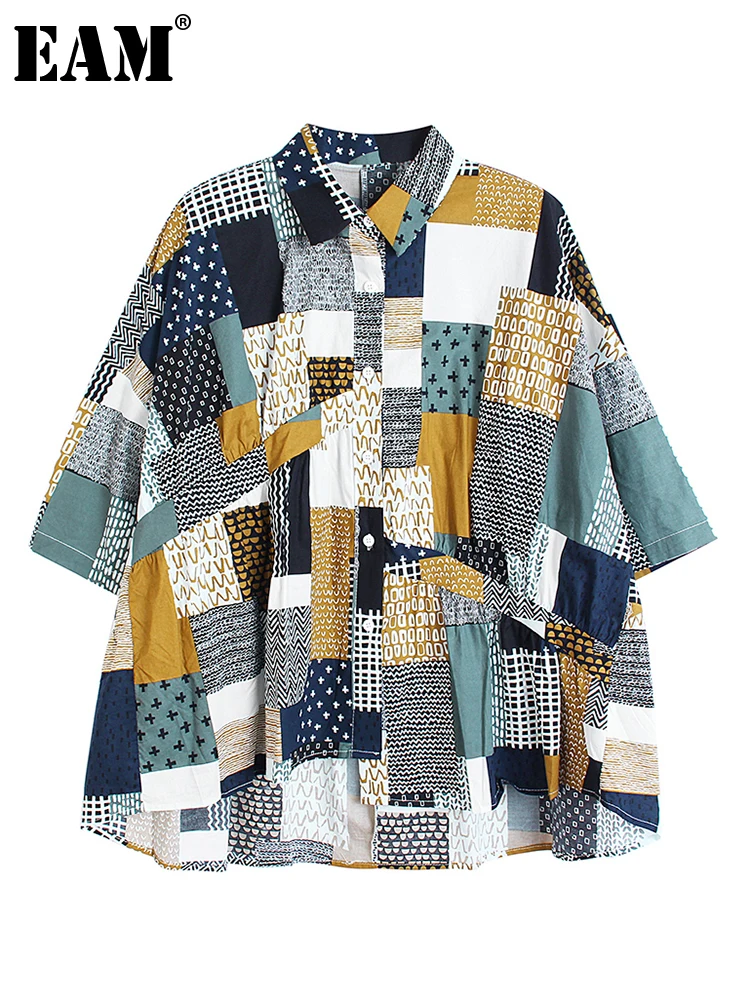 

[EAM] Women Pattern Printed Big Size Blouse New Lapel Three-quarter Sleeve Loose Fit Shirt Fashion Spring Summer 2022 1DE7415