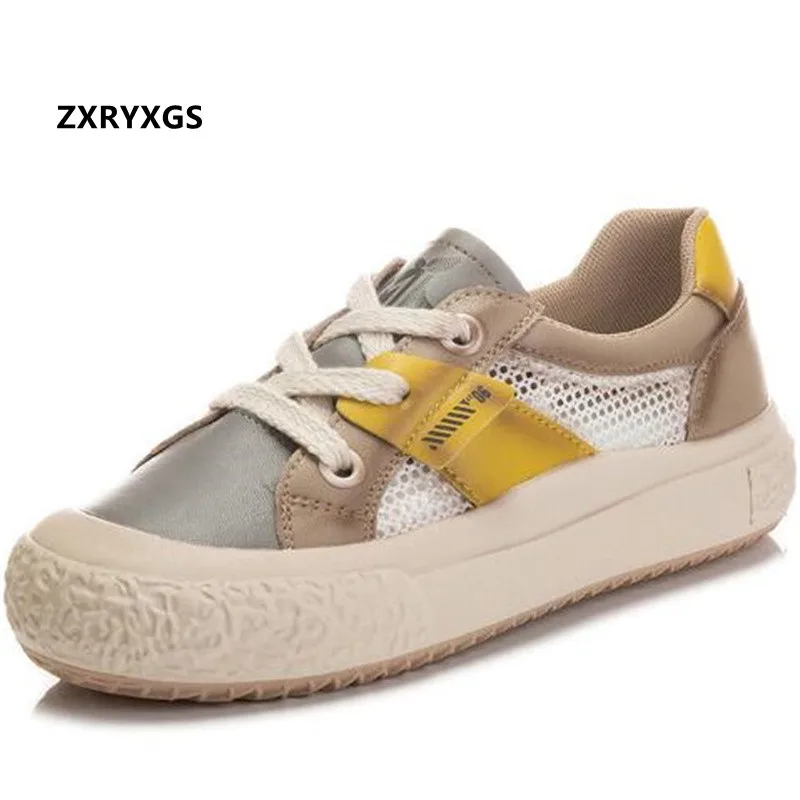 

ZXRYXGS 2022 New Summer Lace-up Spell Color Cowhide Mesh Women Sneakers Sandals Casual Trend Sandals Comfortable Flat Sandals