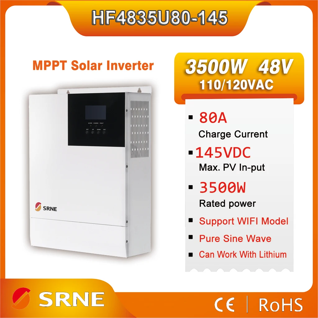 

SRNE 3500W 110/120VAC MPPT 80A 48V Solar Charger Inversor PV Max 145Vdc Pure Sine Wave 50Hz 60Hz 40A Battery Hybrid Inverter