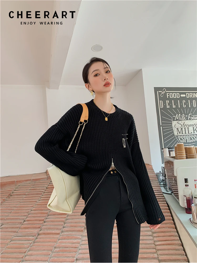 

CHEERART Black Zipper Sweaters For Women Fashion Pin Knitted Ribbed Top Crewneck Baggy Sweater Pullovers Spring Fall Clothing