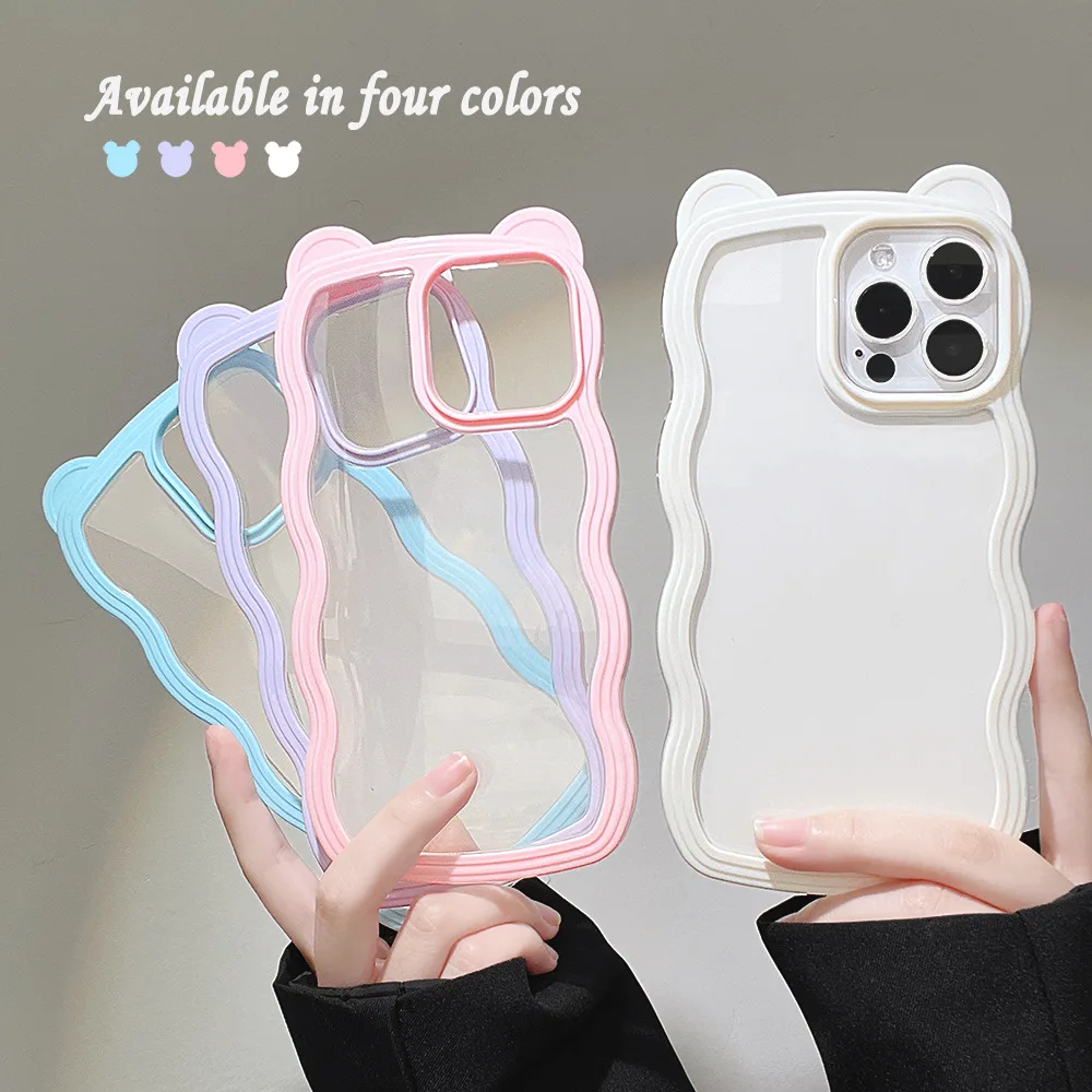 

Injection, ins Wind Bear Ear Wave Border Phone Case For iphone 14 13 12 11 Pro Max X XR XSMAX 7 8 Plus SE TPU Case Cover