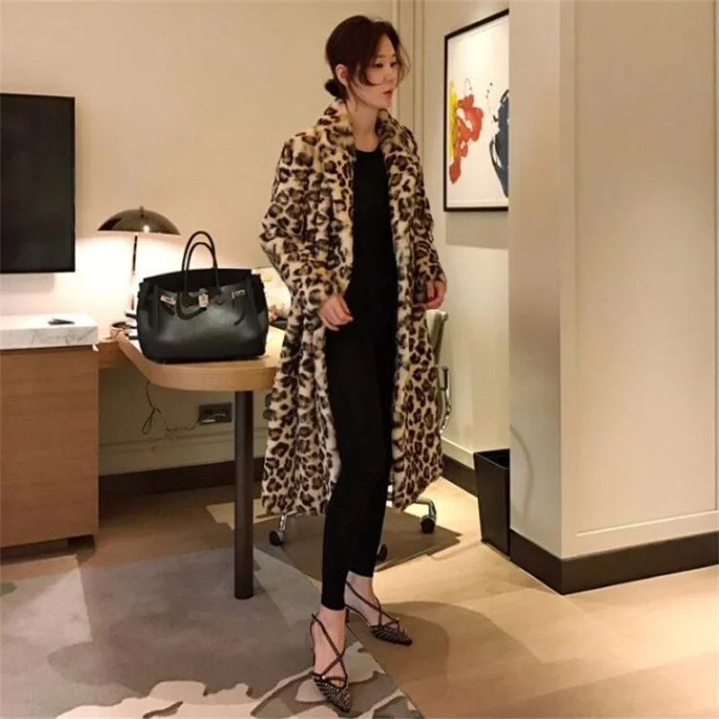 Leopard print faux fur coats womens over the knee extra same style plush clothes classic new пальто casacos de inverno feminino enlarge