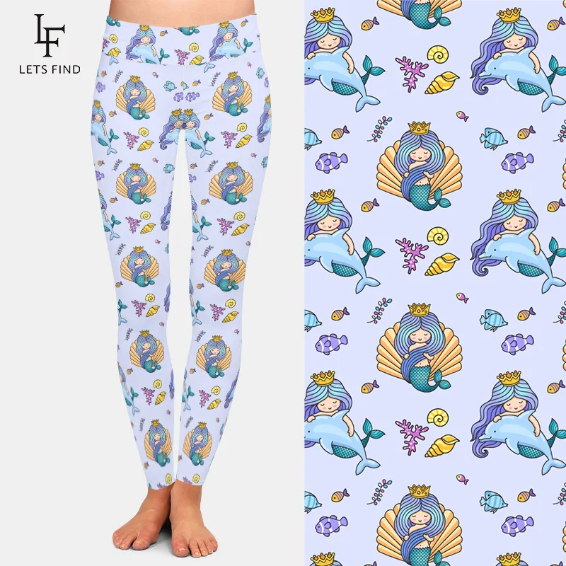LETSFIND Fashion Women Leggings Cartoon Mermaid Printing High Waist Elastic Pants   Women Casual Leggings