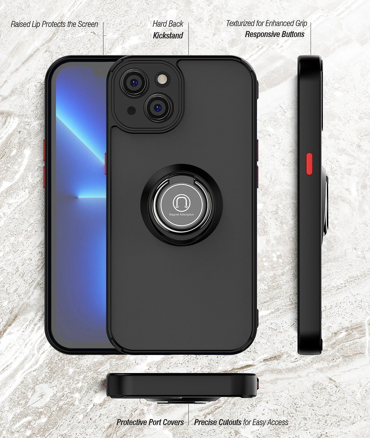 Чехол противоударный для iPhone 14 Pro Max 6.7 6.1 Роскошный матовый прозрачный держатель кольца на автомобильной креплении для телефона iPhone14promax on.