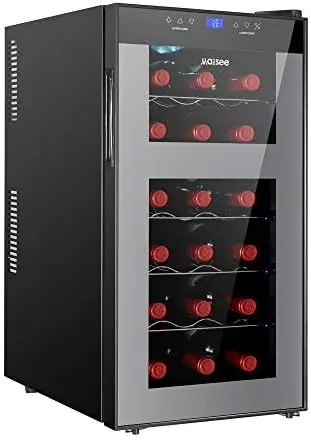 

Fridge Dual Zone,18 Bottles Wine Cooler Refrigerator Chiller Upper Zone 46f-54f Lower Zone 54f-65f for Red White Wine Champagne