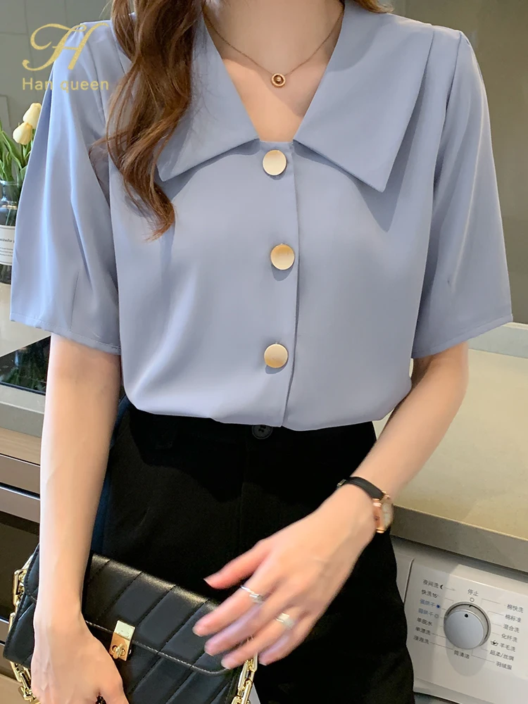 

H Han Queen Summer Tops Simple Office Lady Chiffon Blouse Female Shirt Short Sleeve Casual Korean OL Style Loose Blouses Women