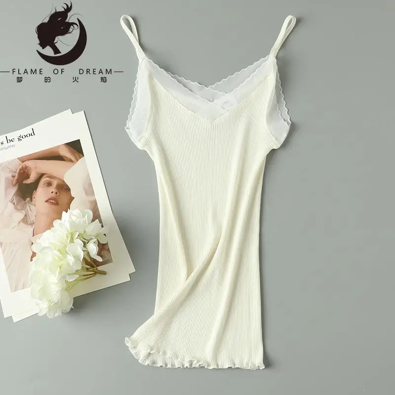 Flame Of Dream Light  Mulberry Silk Lace  Sling Silk High Elastic Thread Slim  Vest 221357